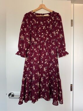Vintage Floral Midi Dress in Burgundy